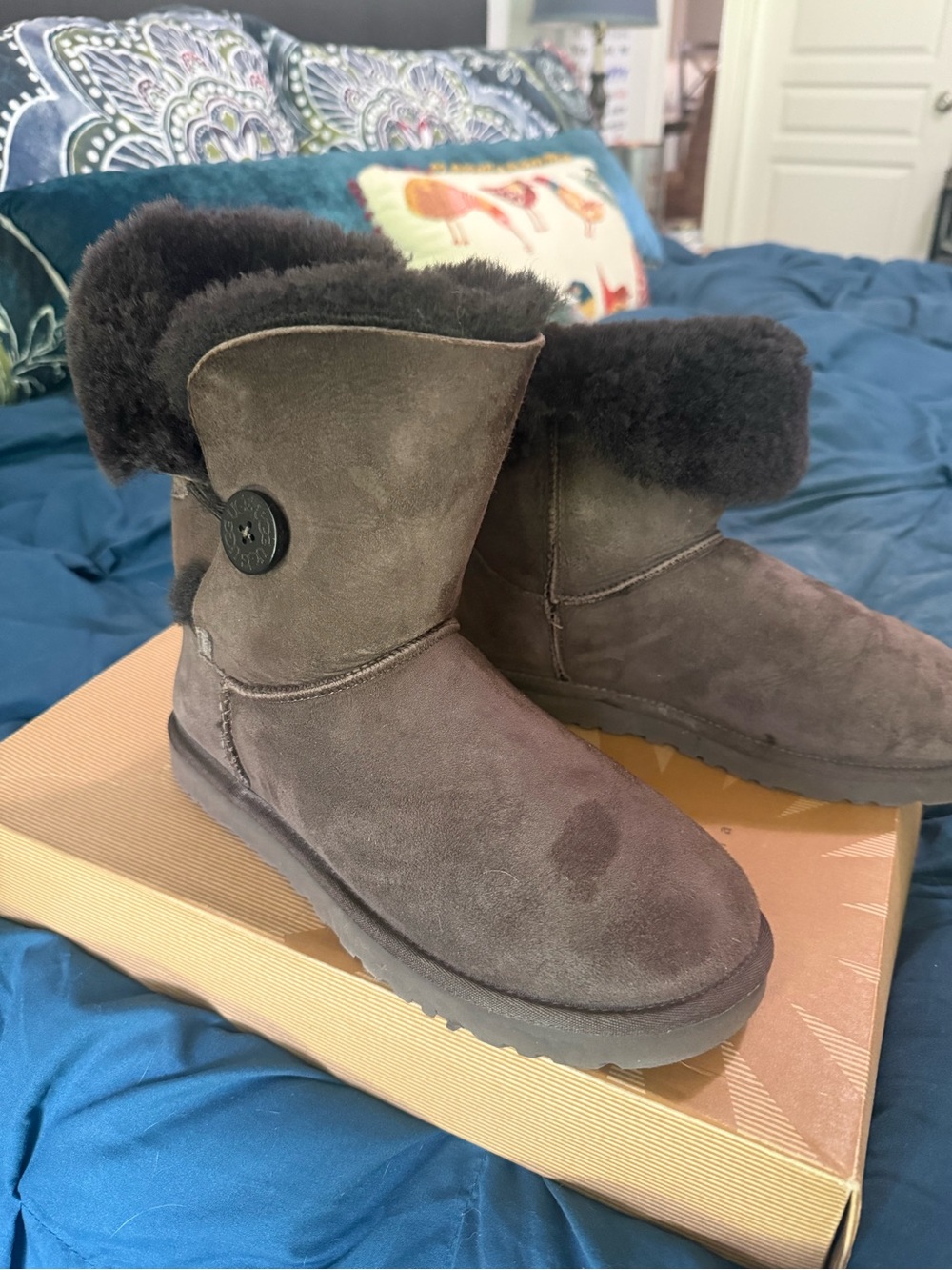 UGG Women's Short Suede Ankle Boots in Dark Brown with Button Cuff